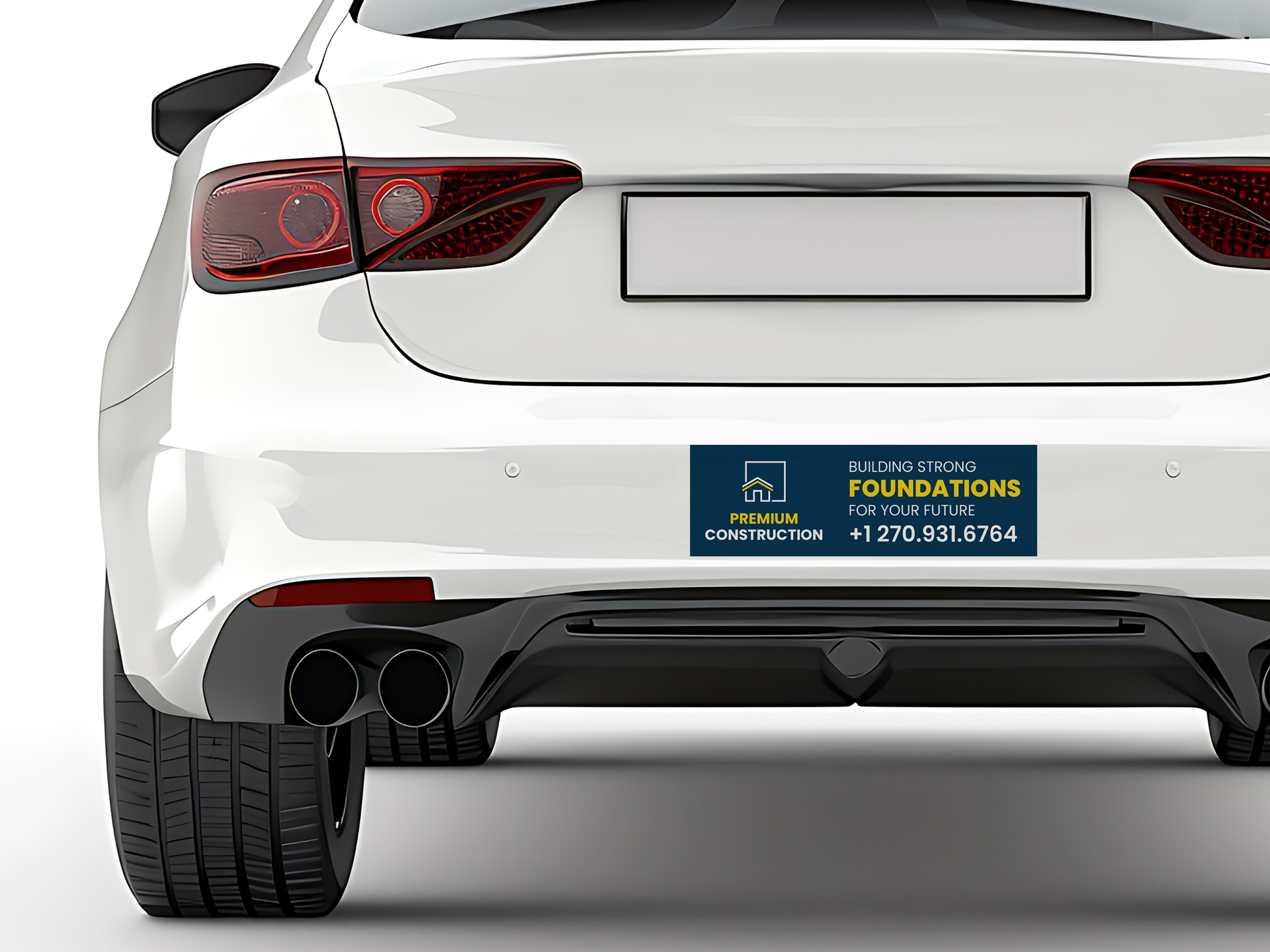 Rectangular blue bumper sticker sharing the contact information of a construction company