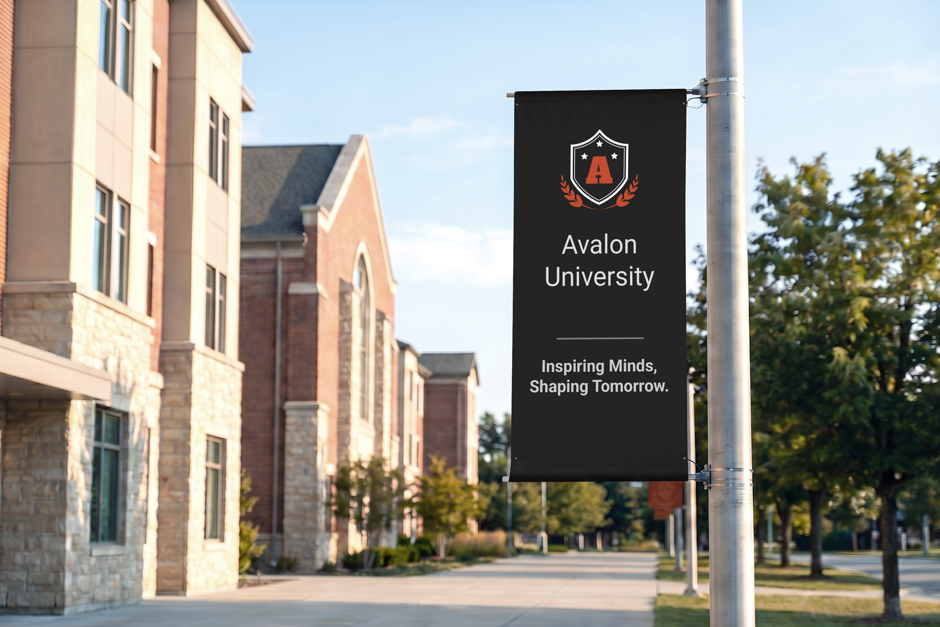 University pole banner featuring logo and messaging