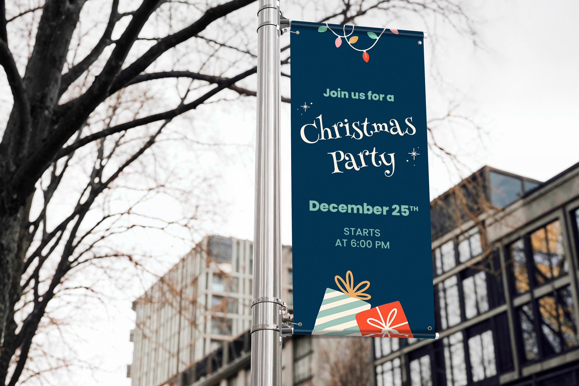 Holiday street pole banner announcing a Christmas Party