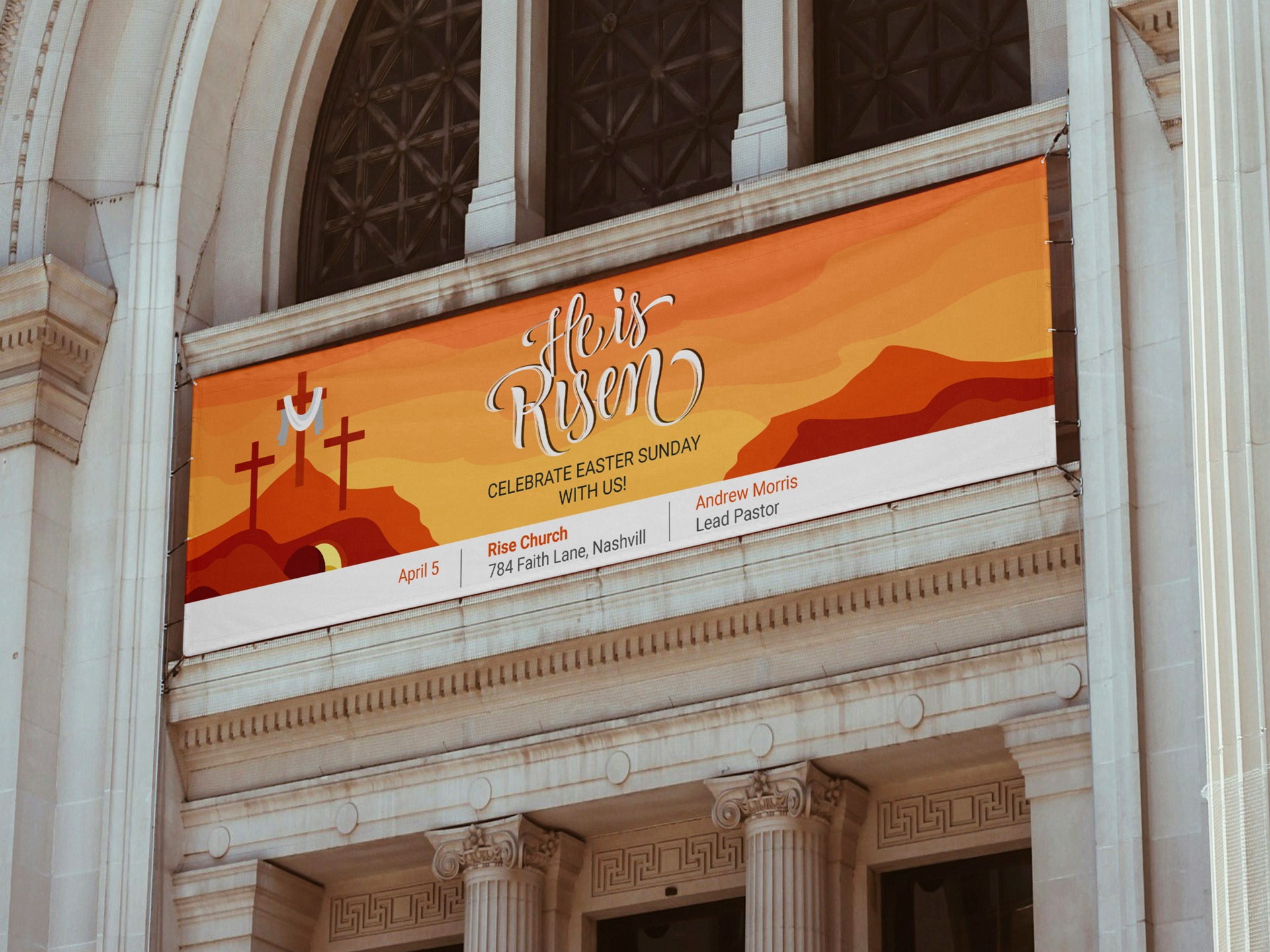 A large decorative fabric banner with warm golden tones