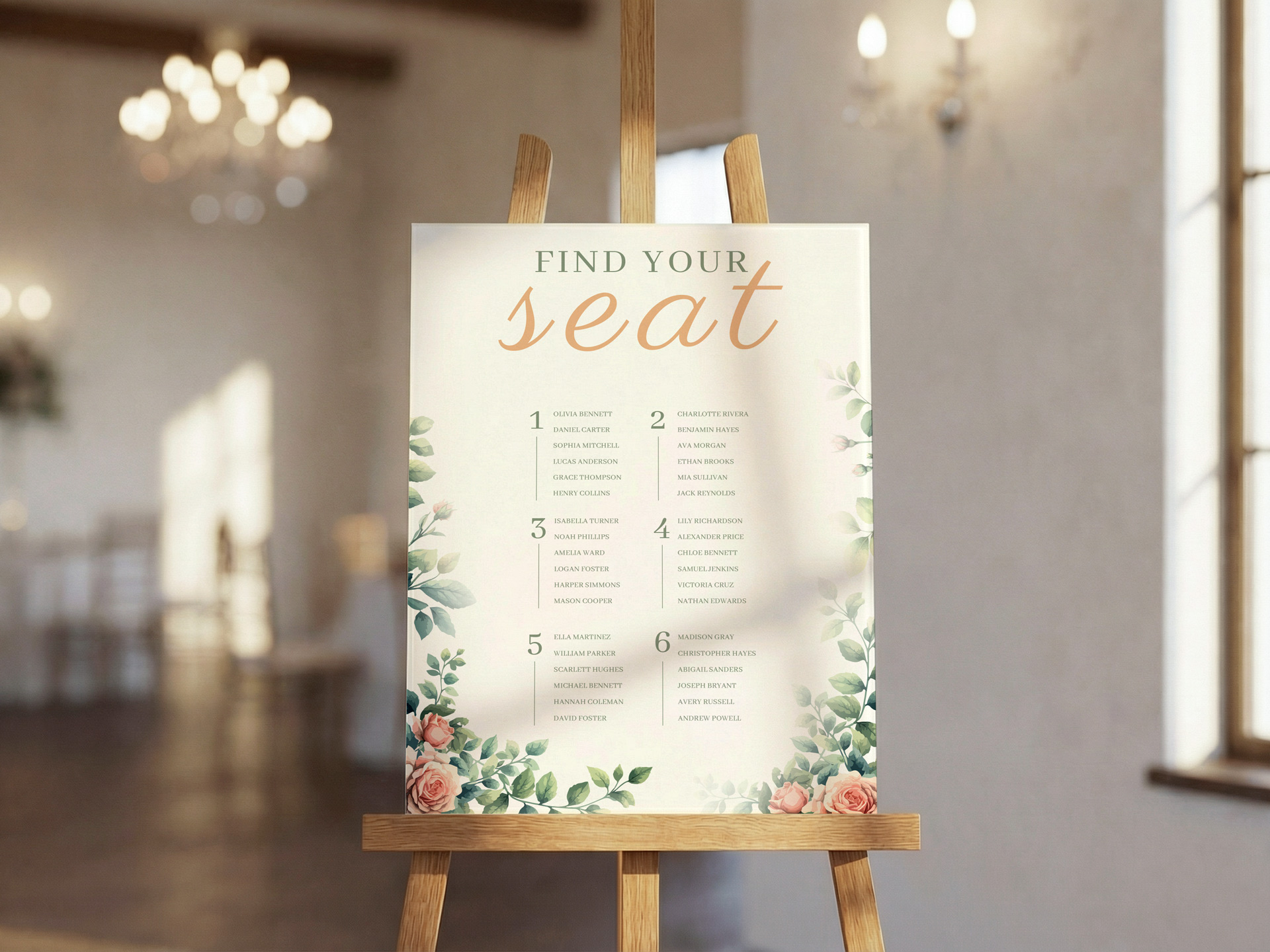 Peach seating chart for a wedding event