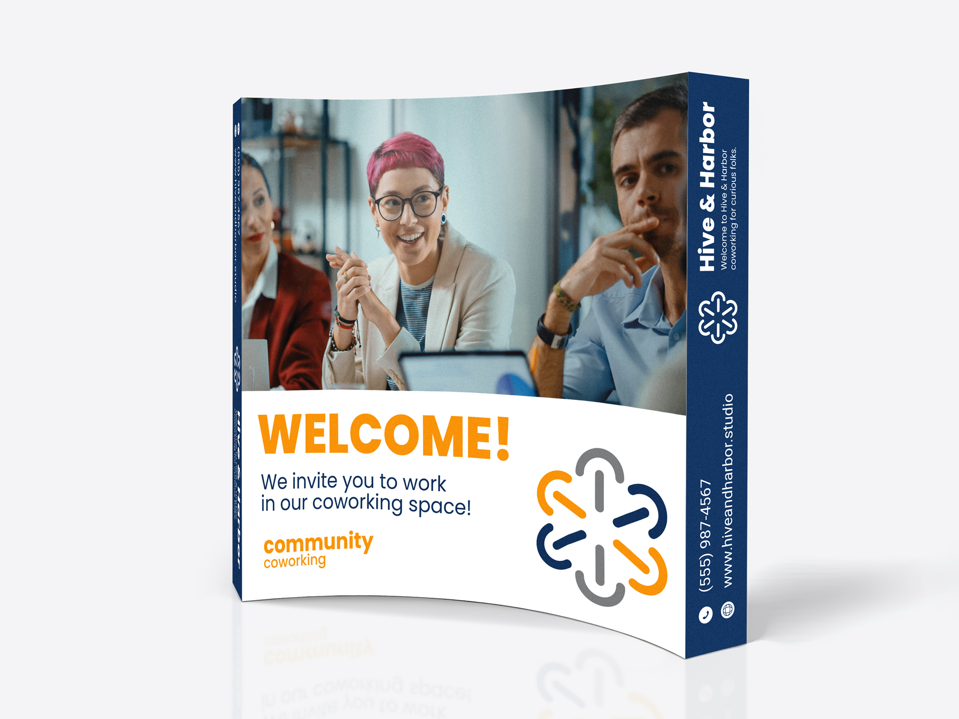 Community Coworking curved pop up display with a welcoming message.