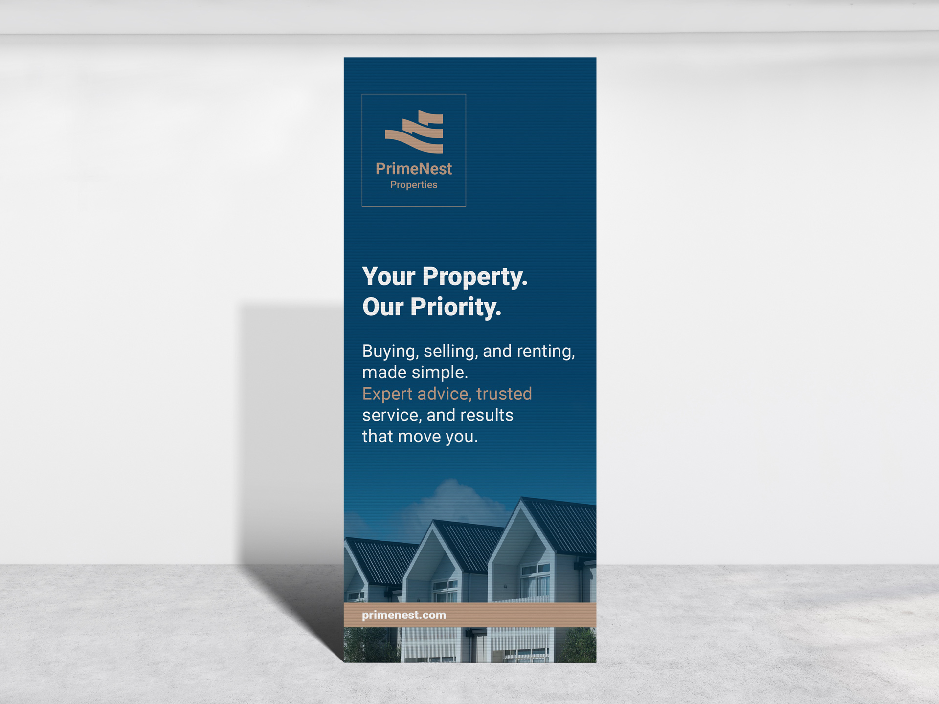 Vertical standee banner with property services message.