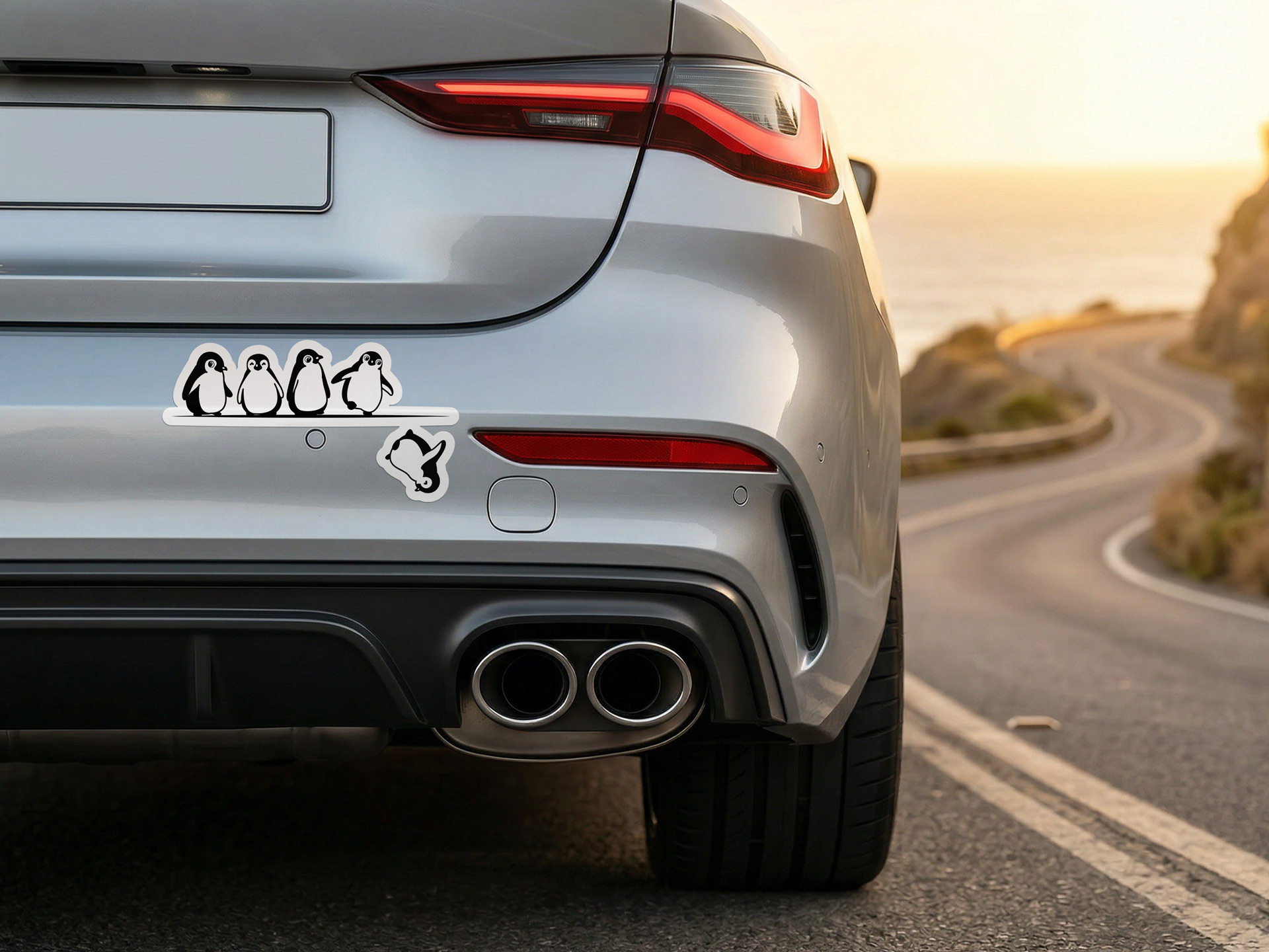 Custom-cut bumper sticker displaying funny penguins