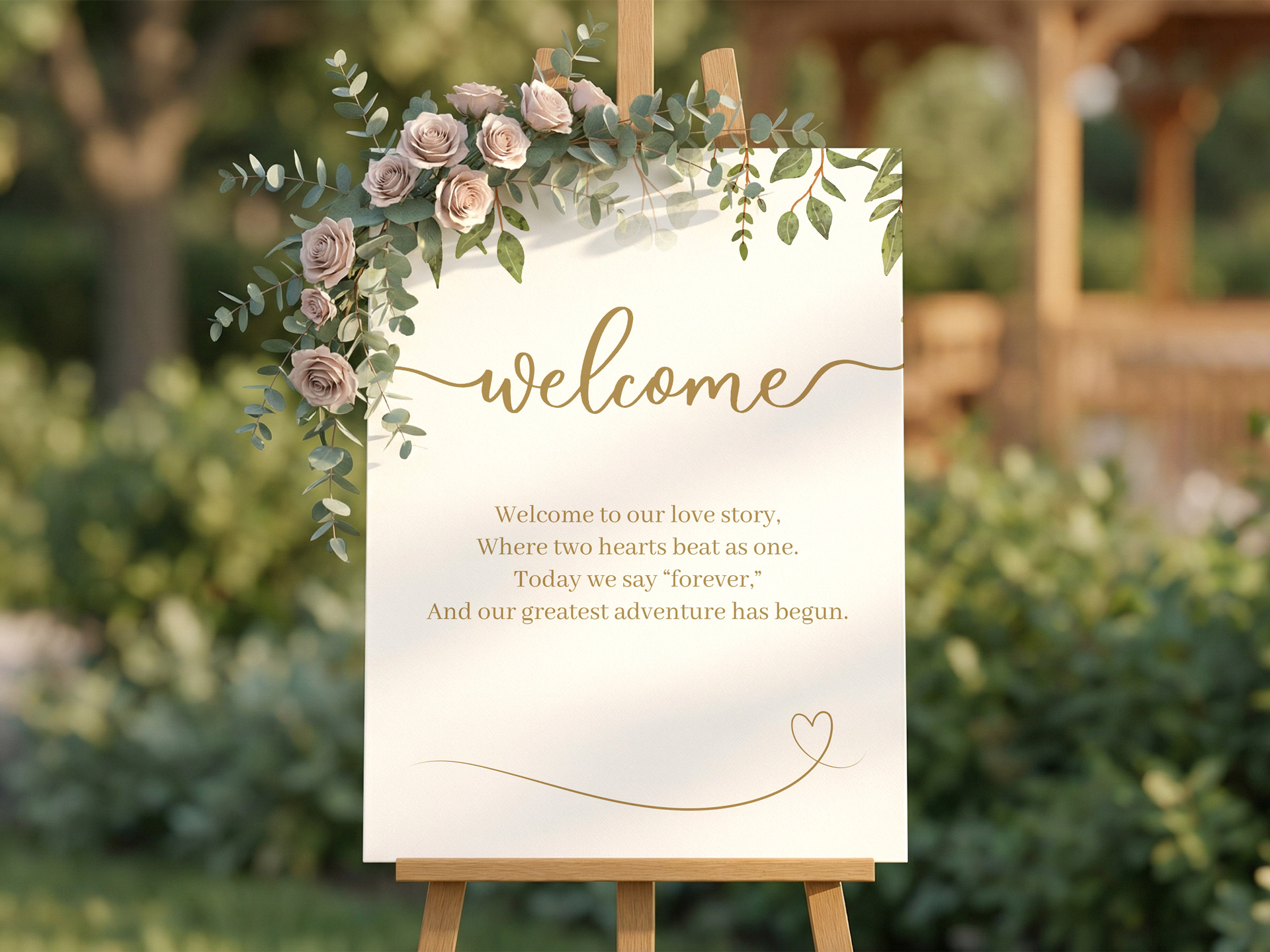 Cream wedding welcome sign with floral arrangement