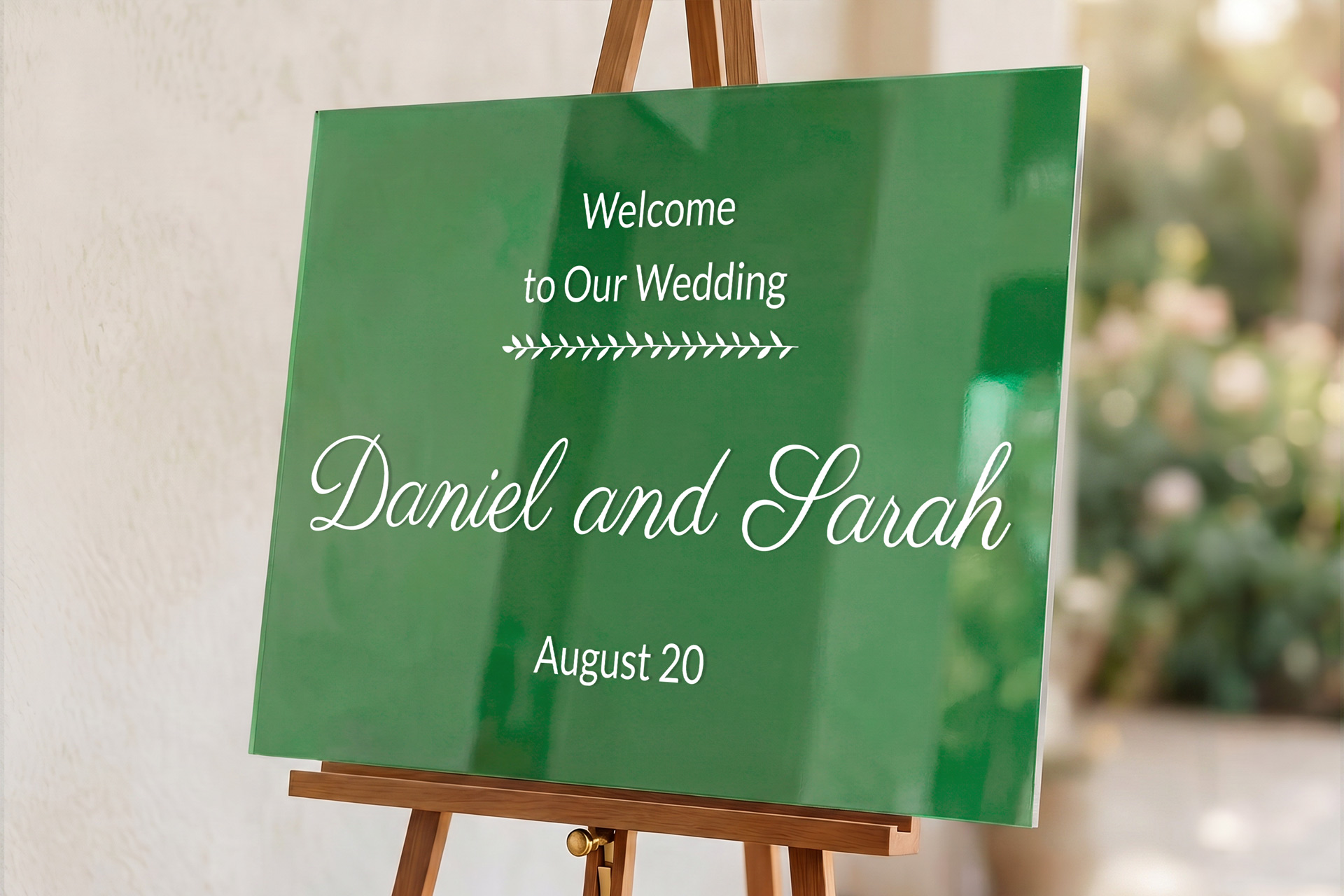 green acrylic wedding welcome sign with minimalist design