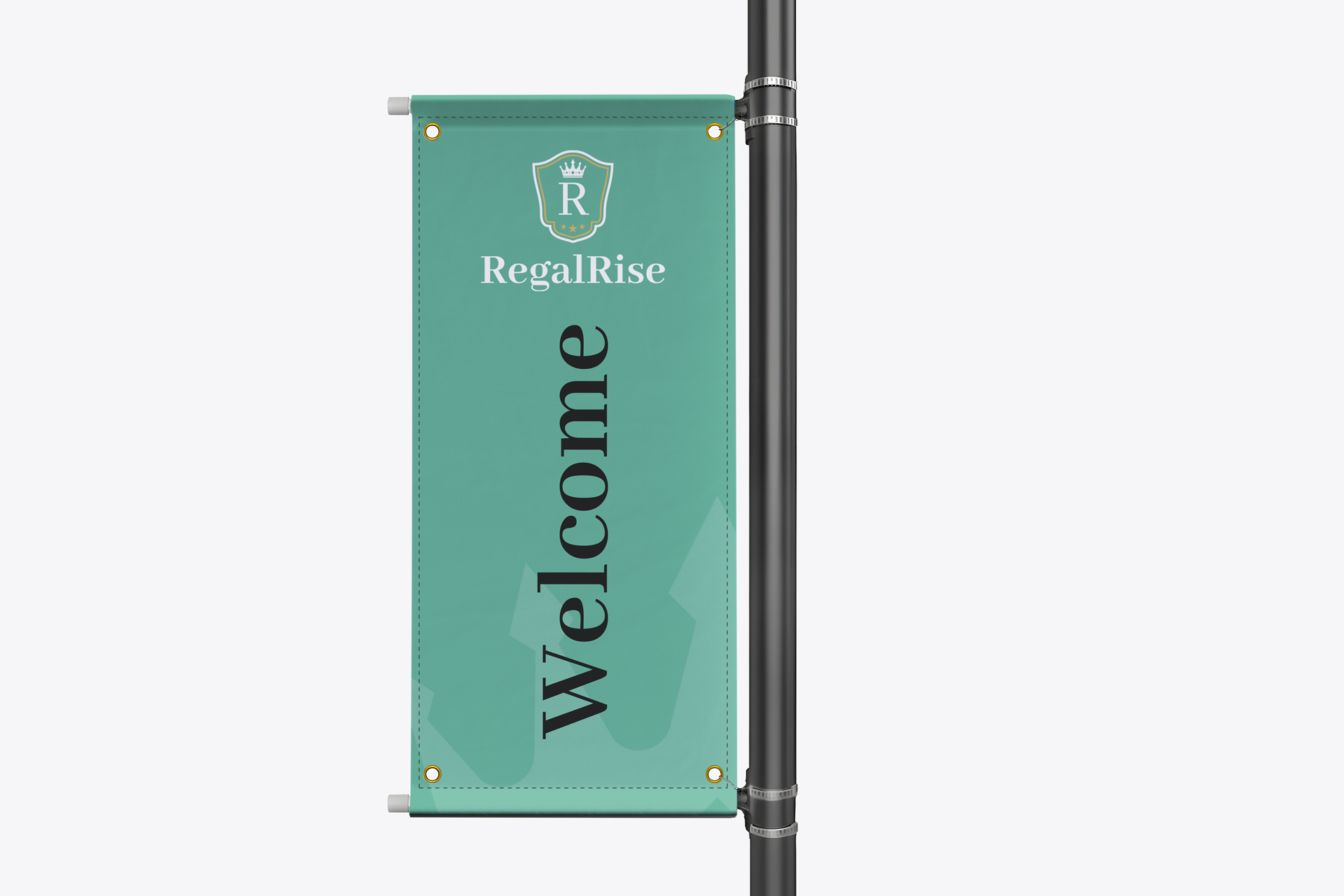 Sage green pole banner with a welcome message and brand name
