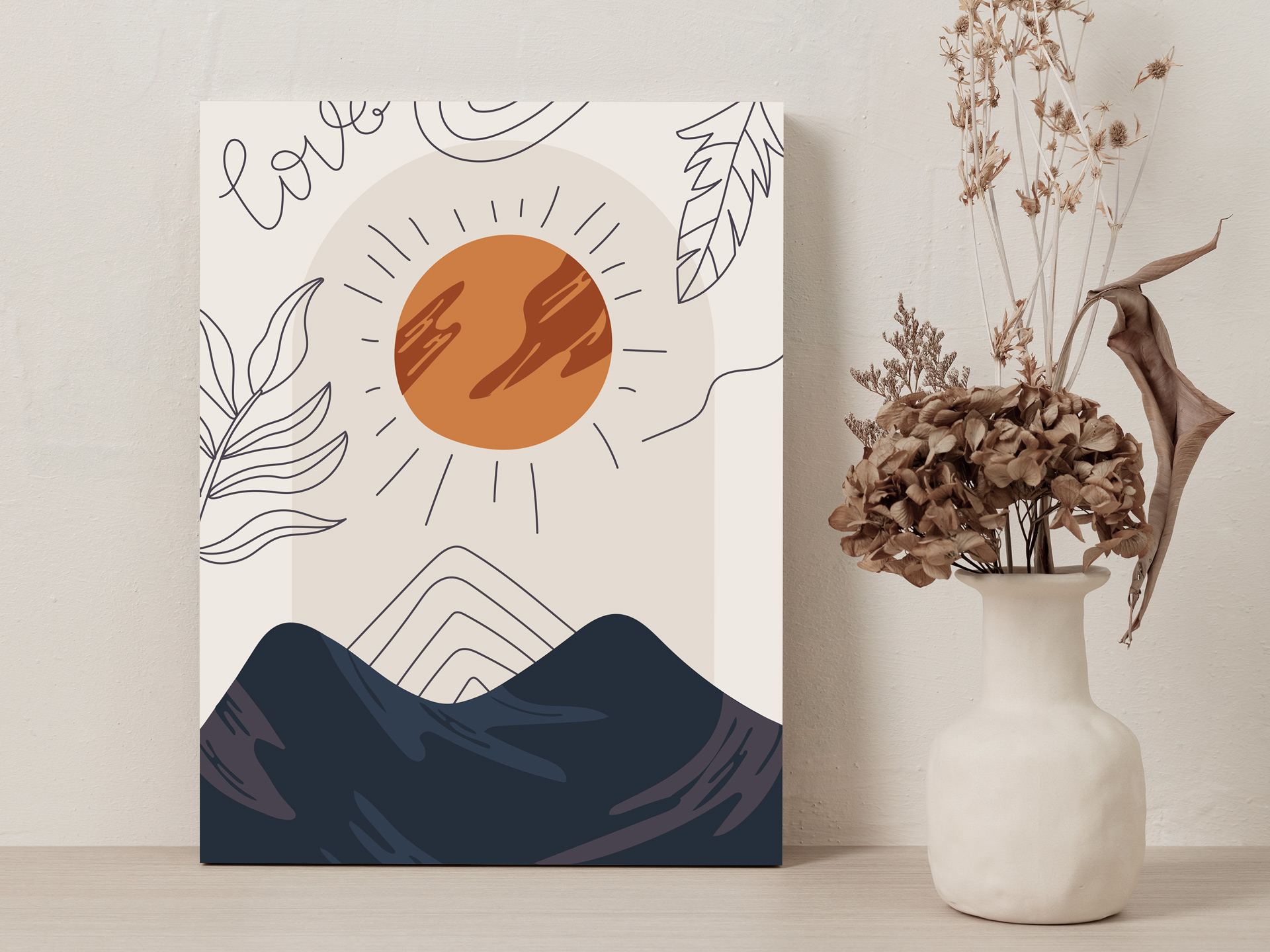 A wall art print featuring a minimalist landscape drawing