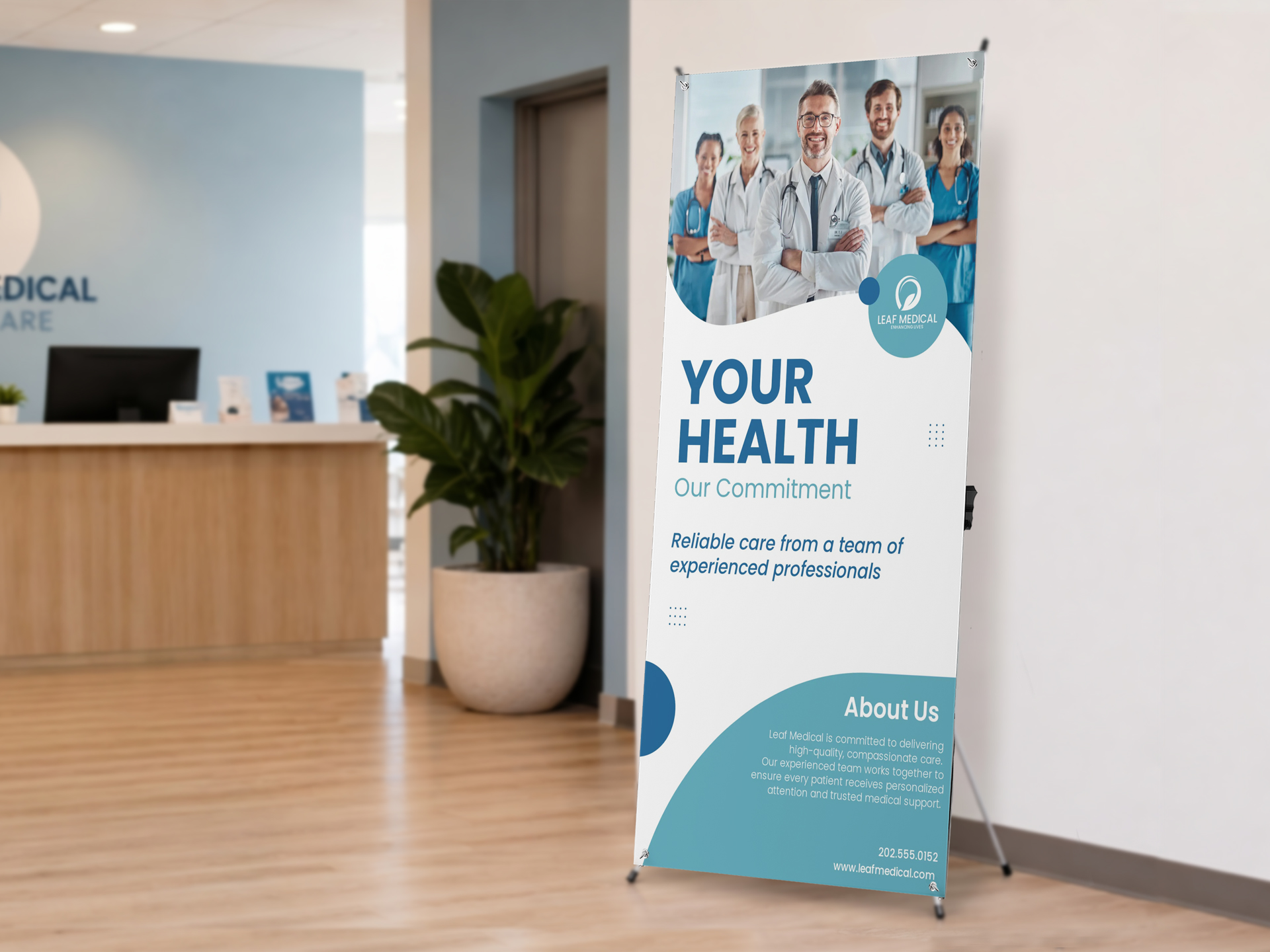 x-banner in a medical center with custom messaging
