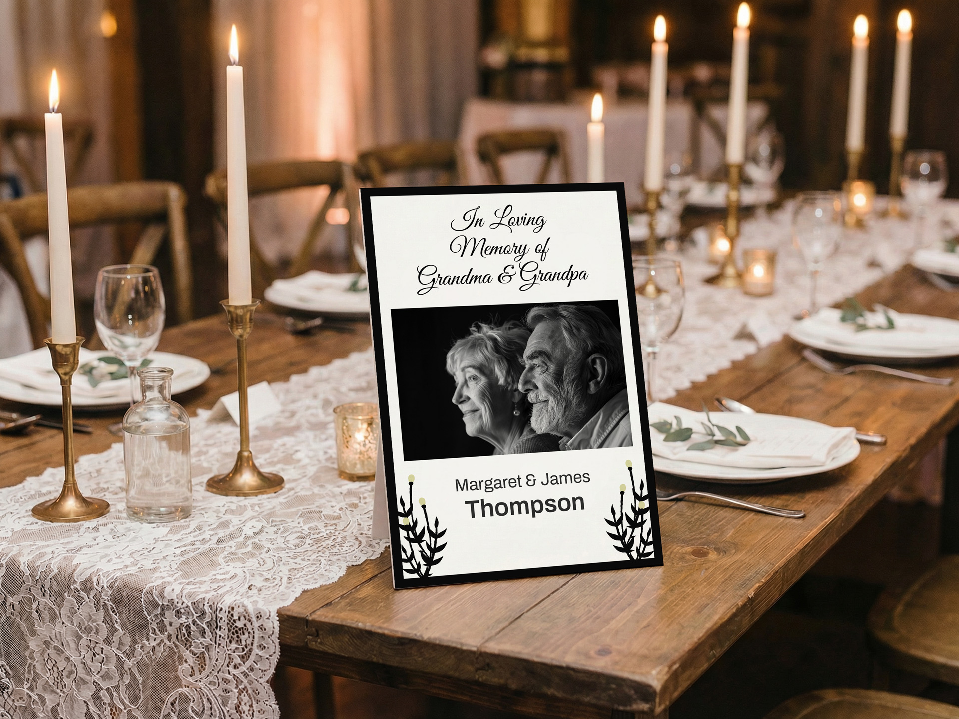 In loving memory pedestal wedding sign with couple photo