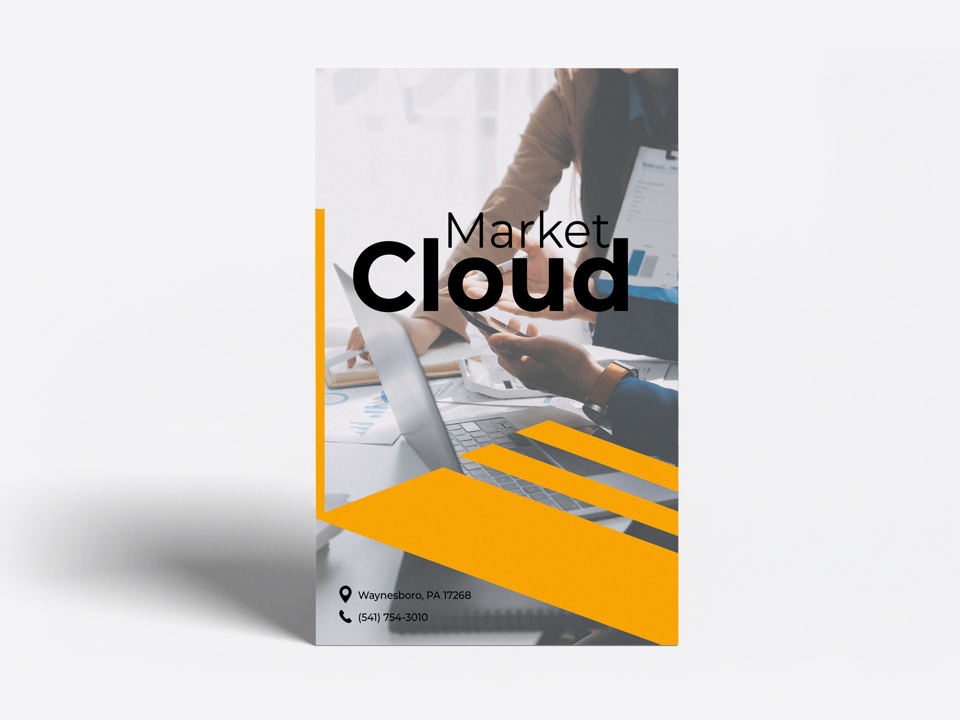 Business counter card for an expo showcasing the brand name.