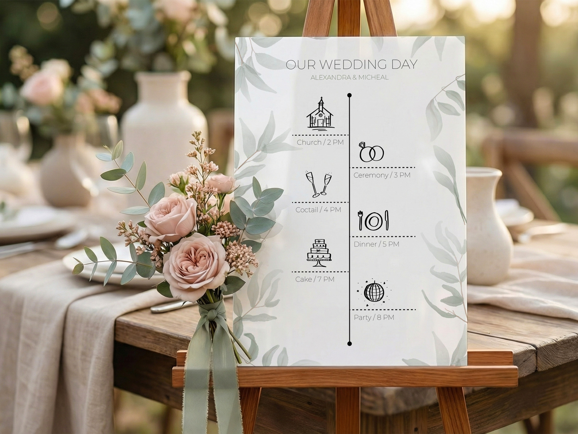 Sage green wedding day timeline sign