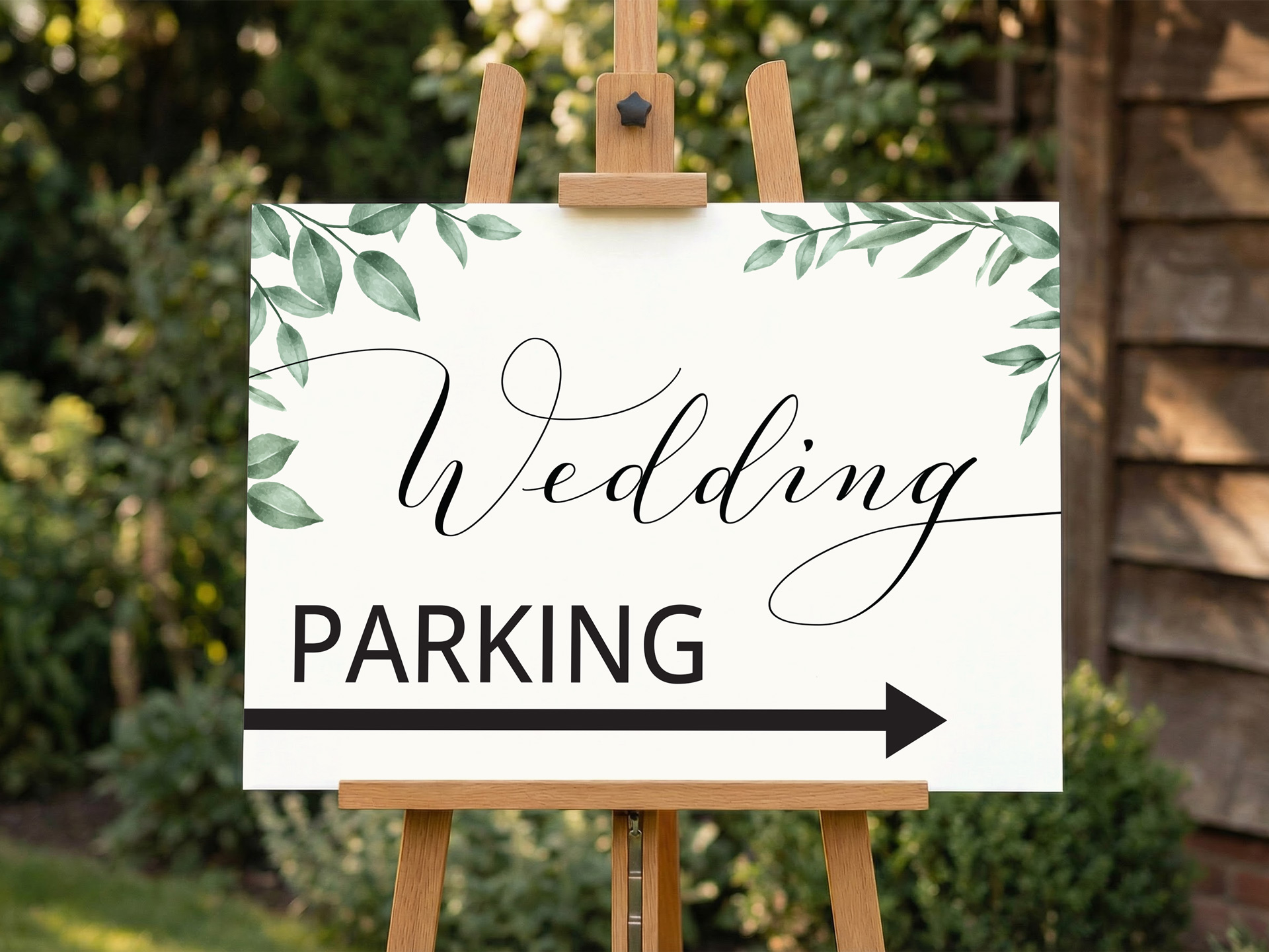White wedding parking directional sign with an arrow