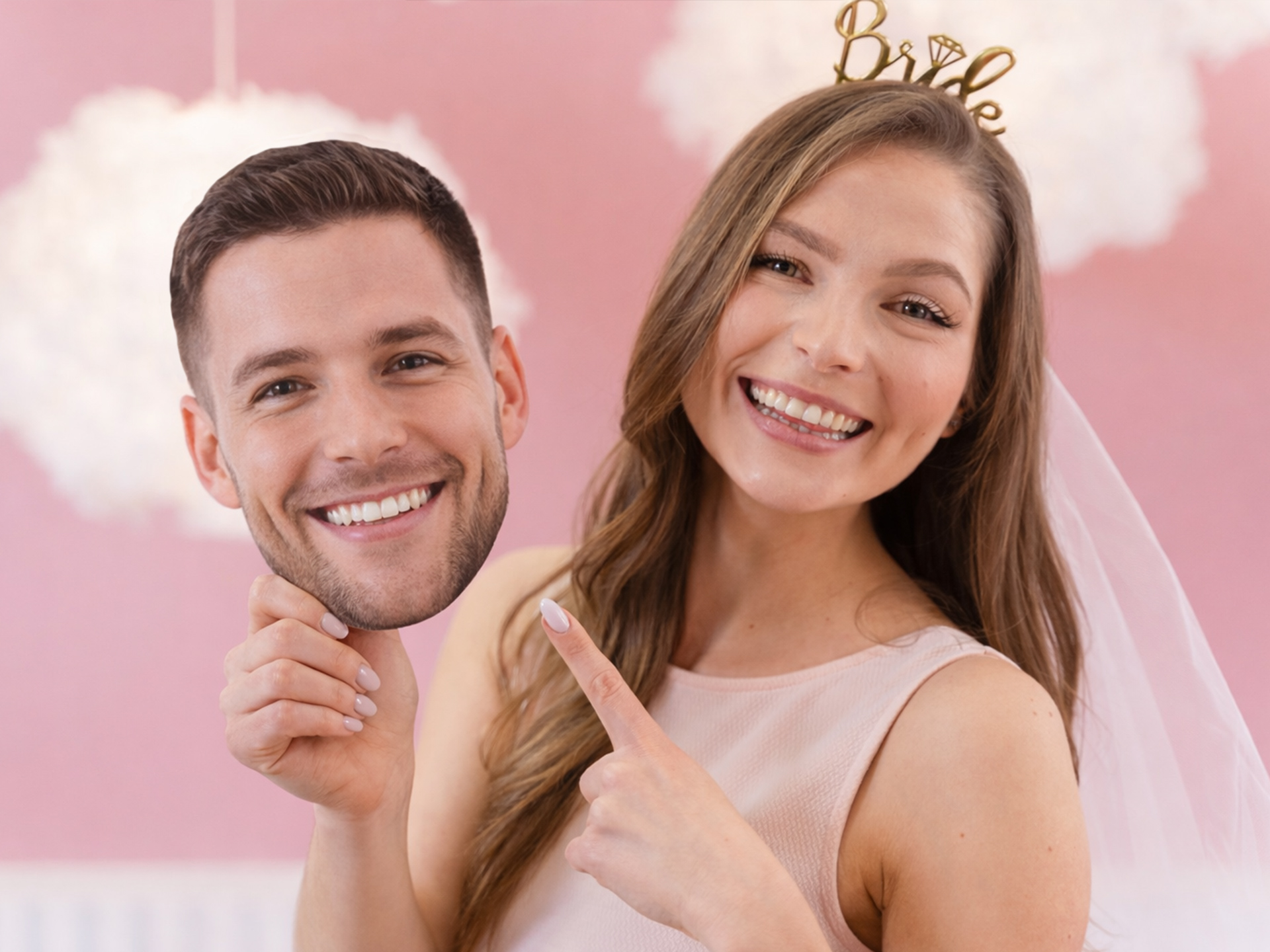 bride holding groom big head cutout