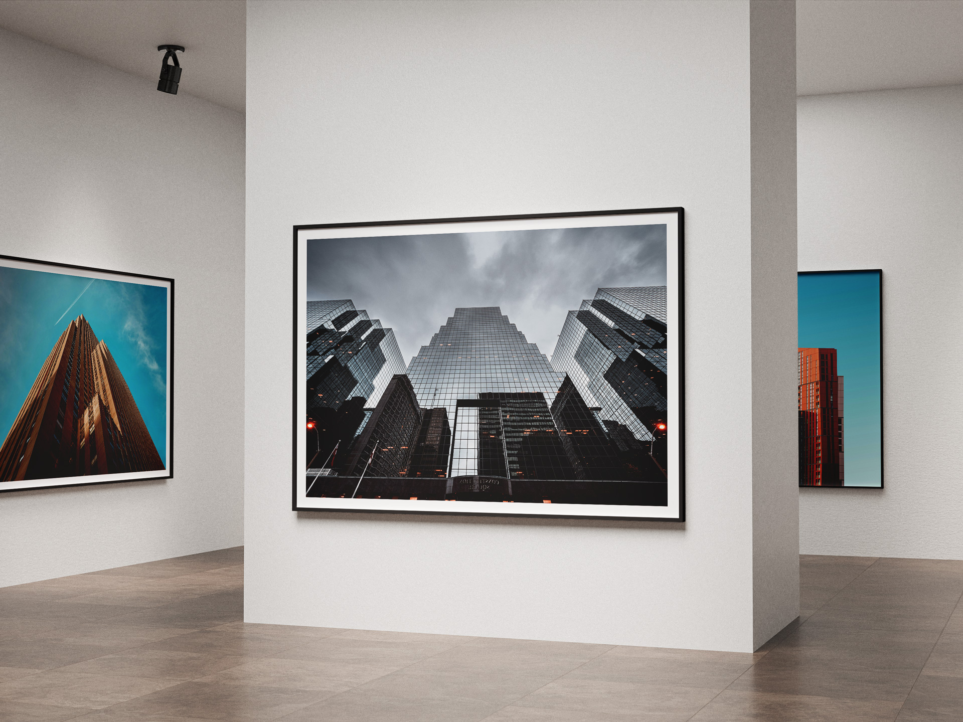 Large photographic wall art pieces installed in the gallery