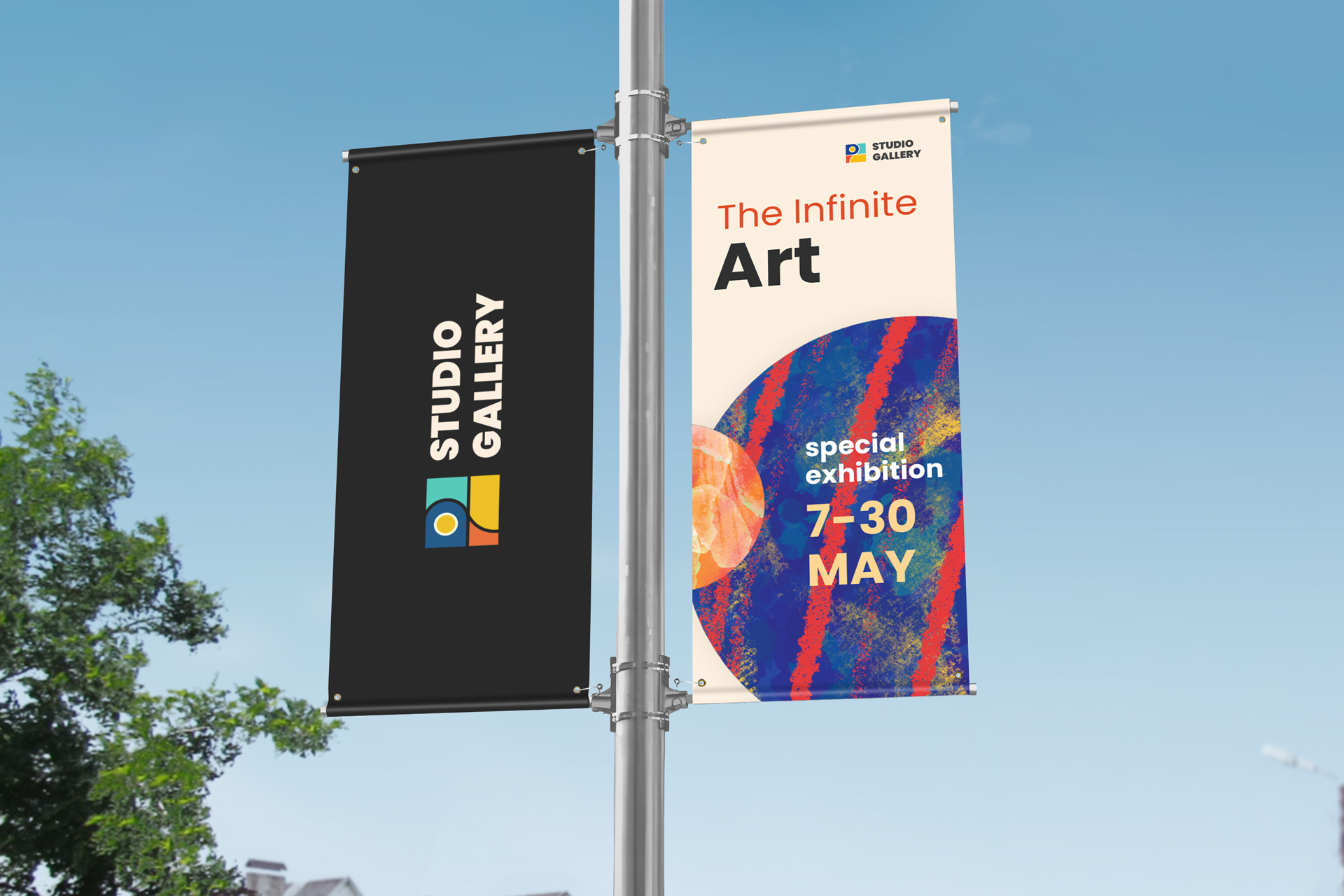 Two colorful event promotion pole banners, advertising an art event