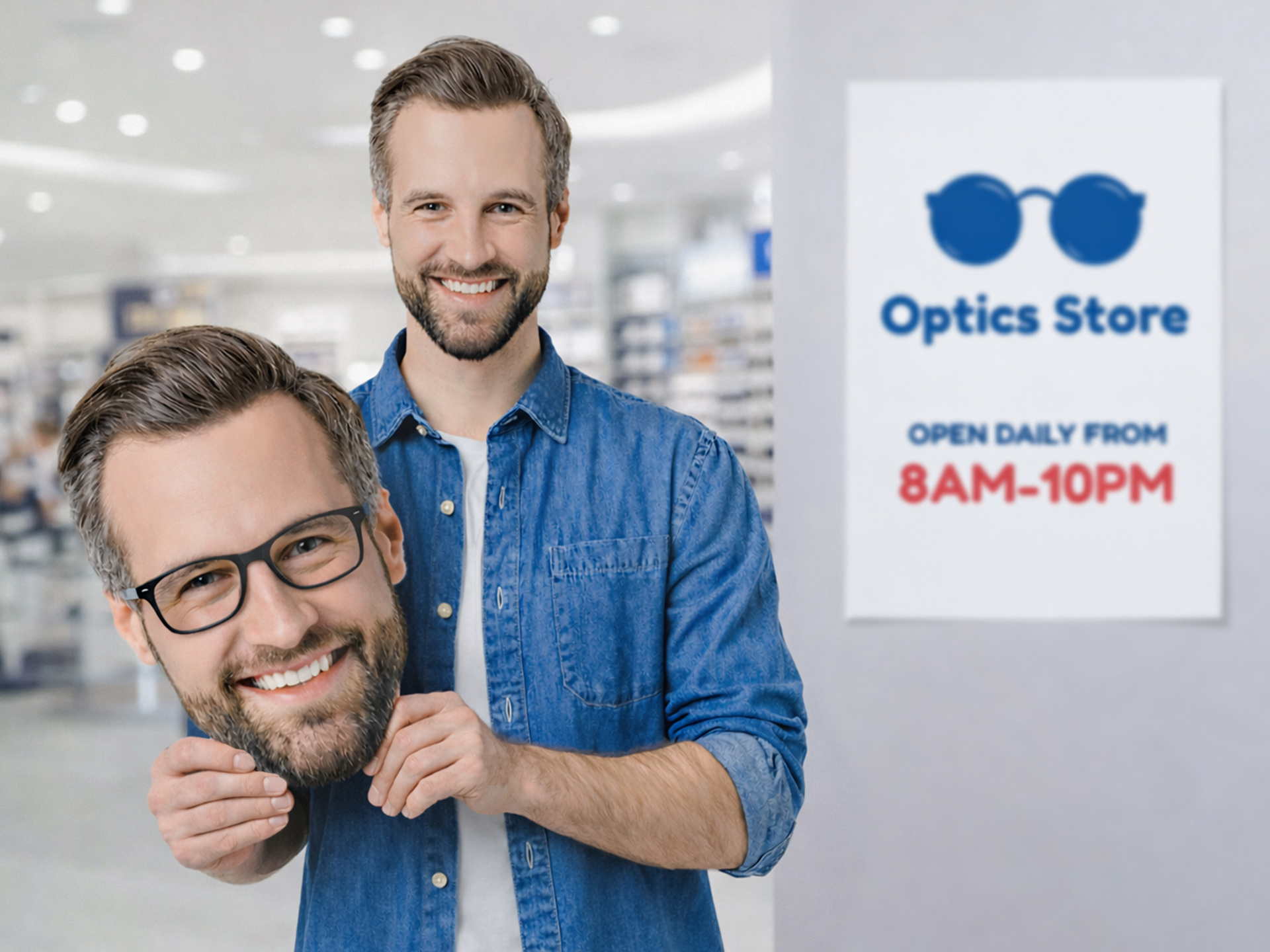 employee holding promotional big head cutout