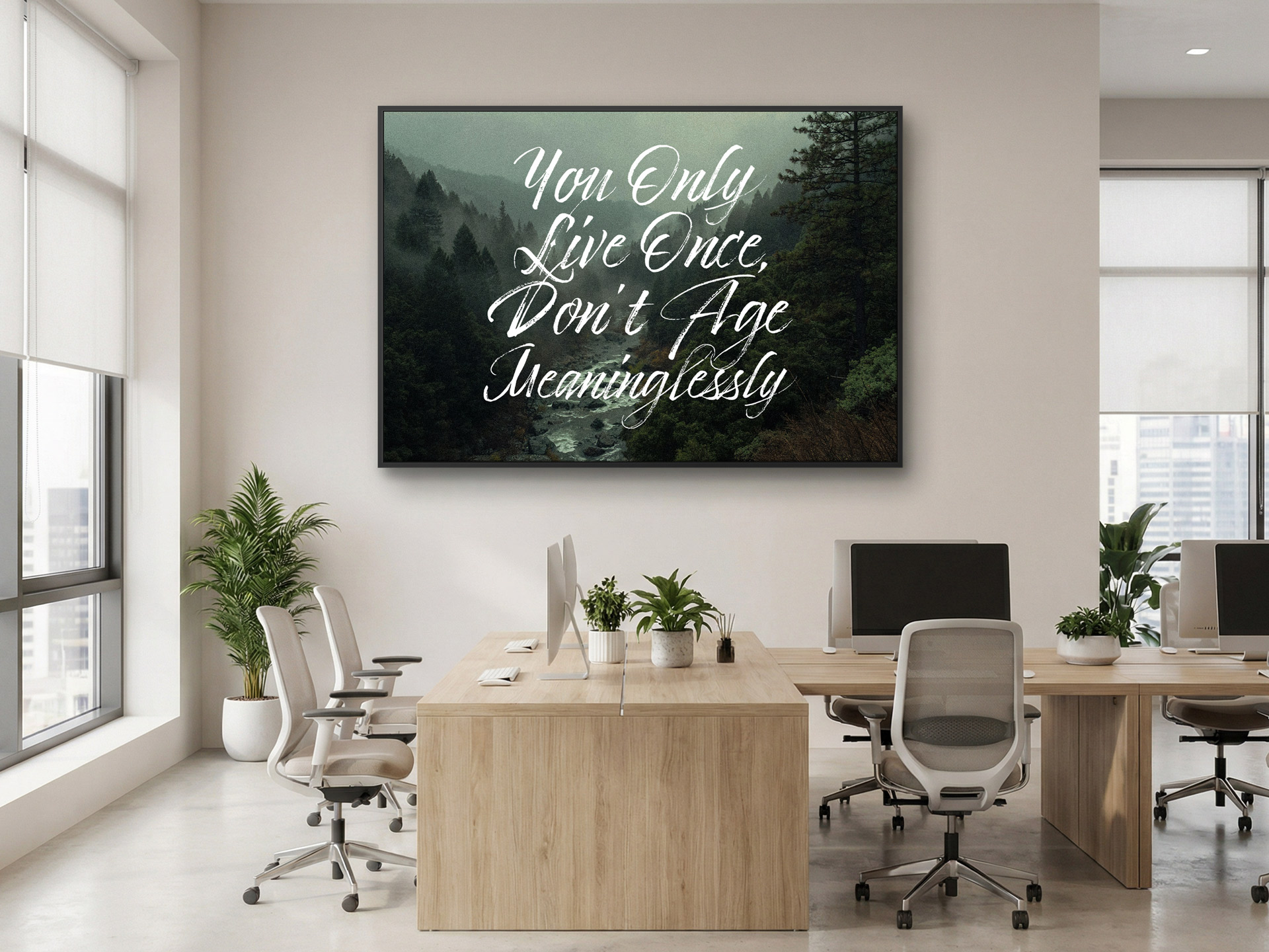 An office wall art print reading "You Only Live Once, Don't Age Meaninglessly"
