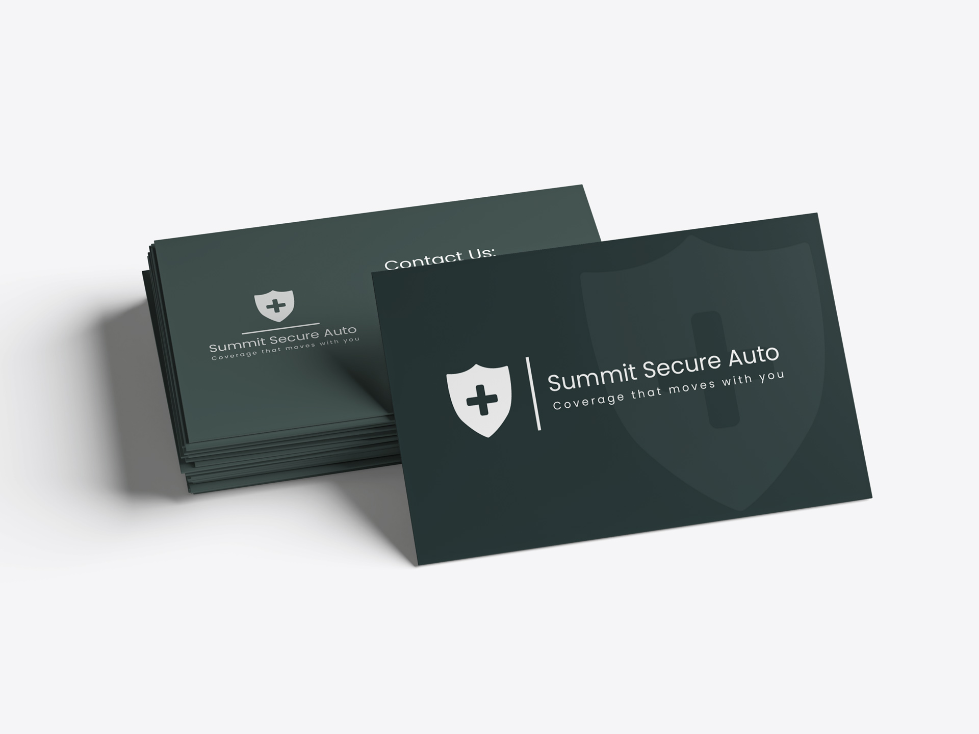 Professional business cards for Summit Secure Auto in dark green.