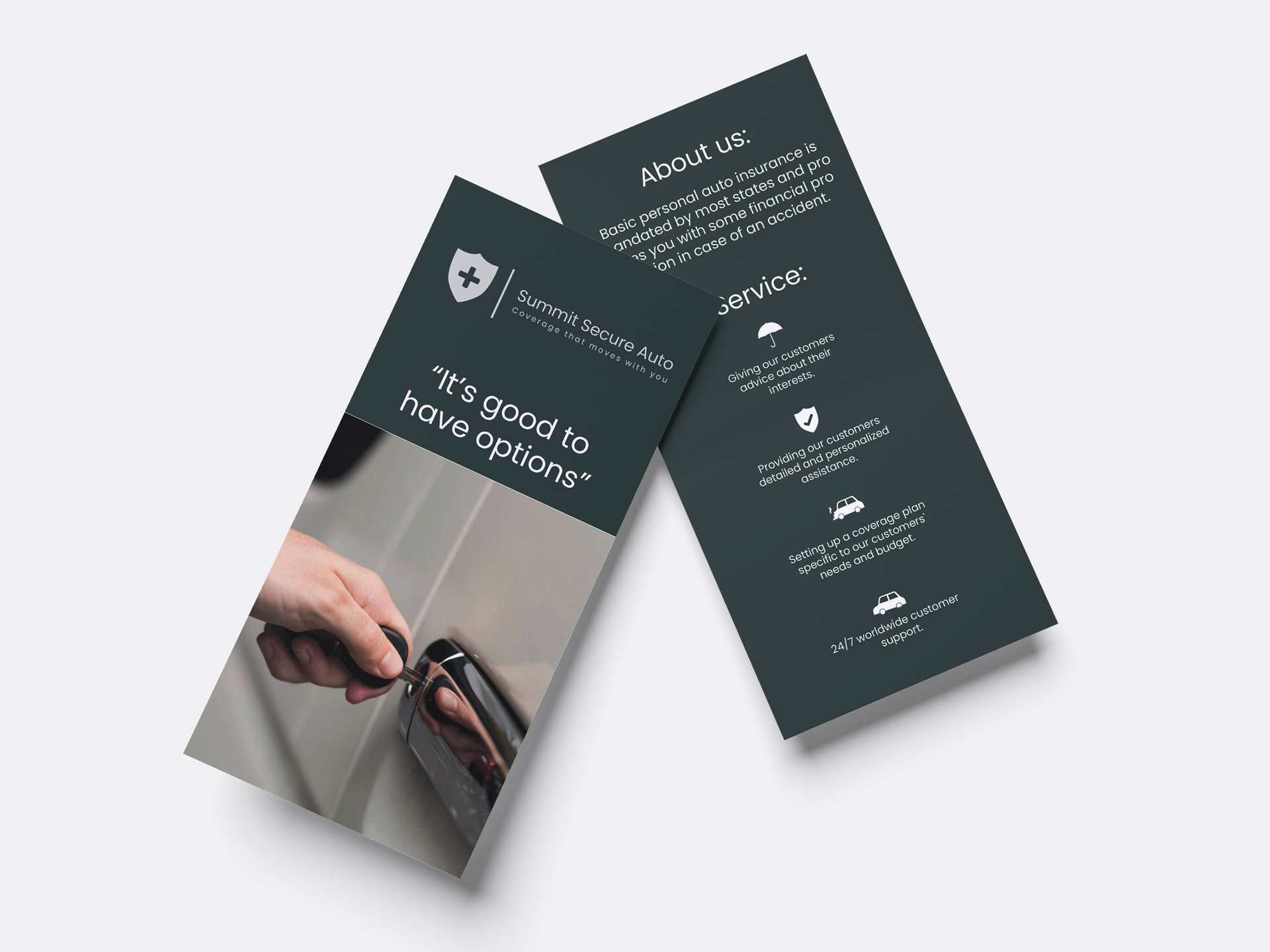 Rack card featuring a quote and services