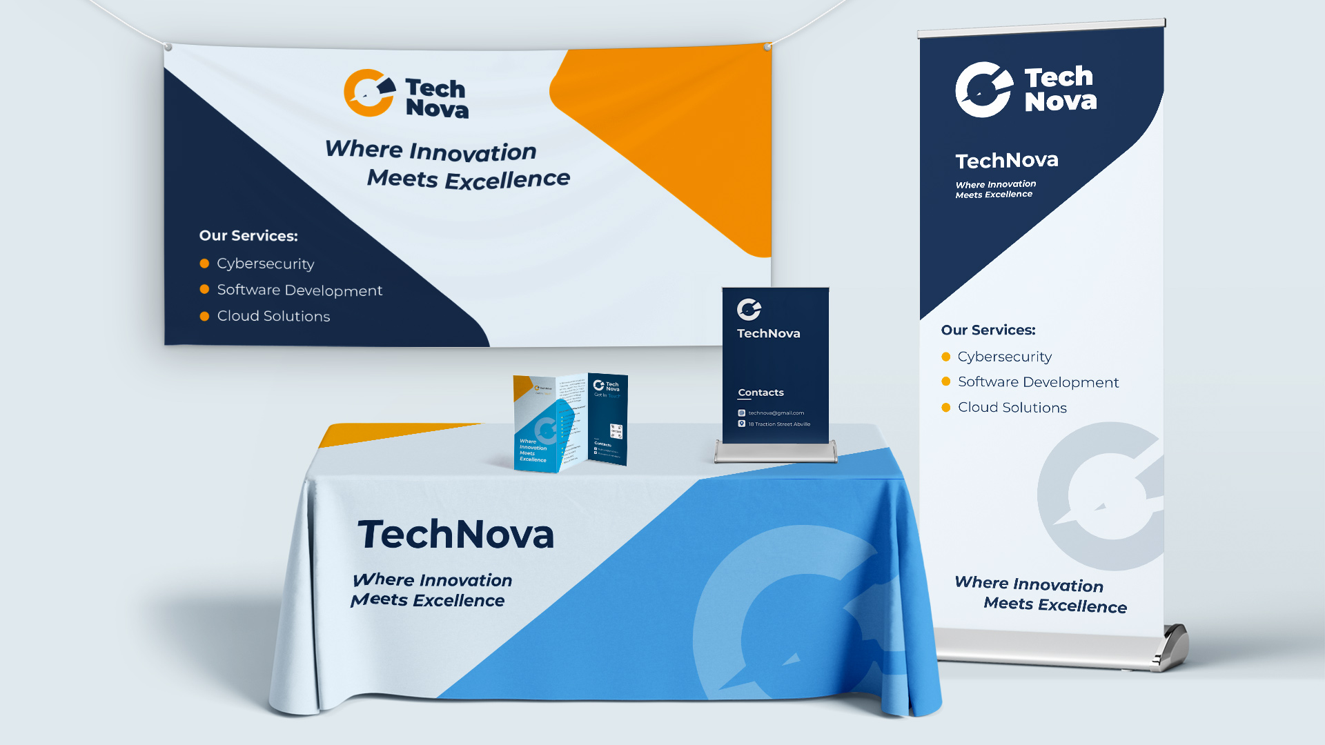 Three different options of trade show signs and banners for Tech Nova.