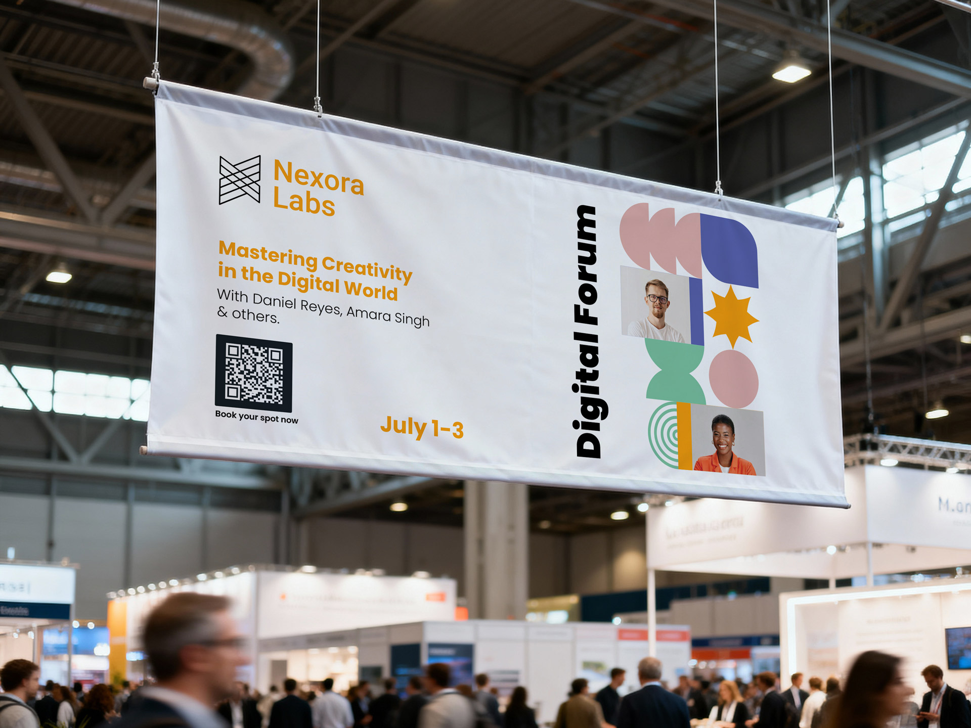 A large printed fabric banner displayed at a busy trade show exhibition hall