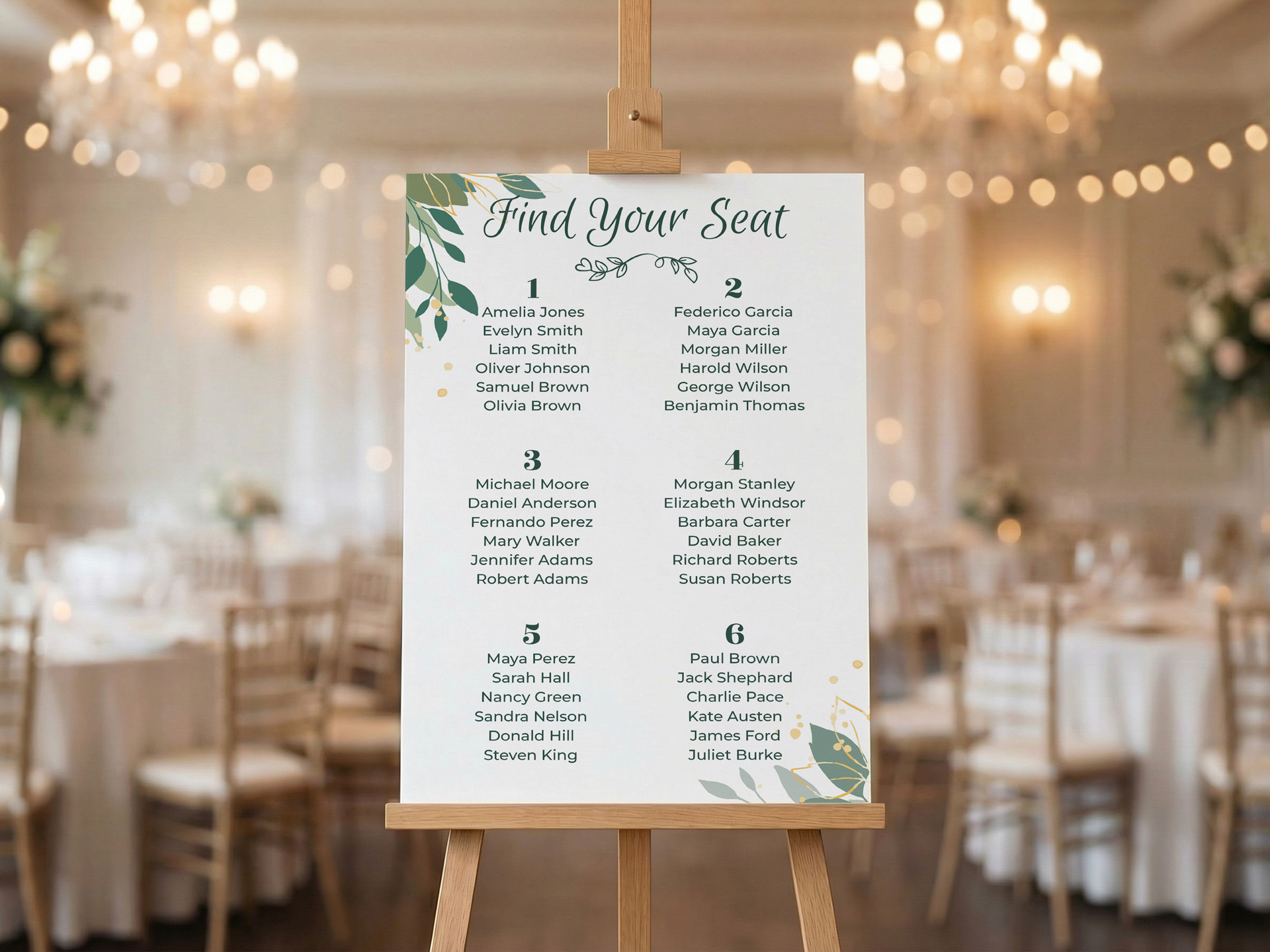White wedding seating chart in a wedding venue