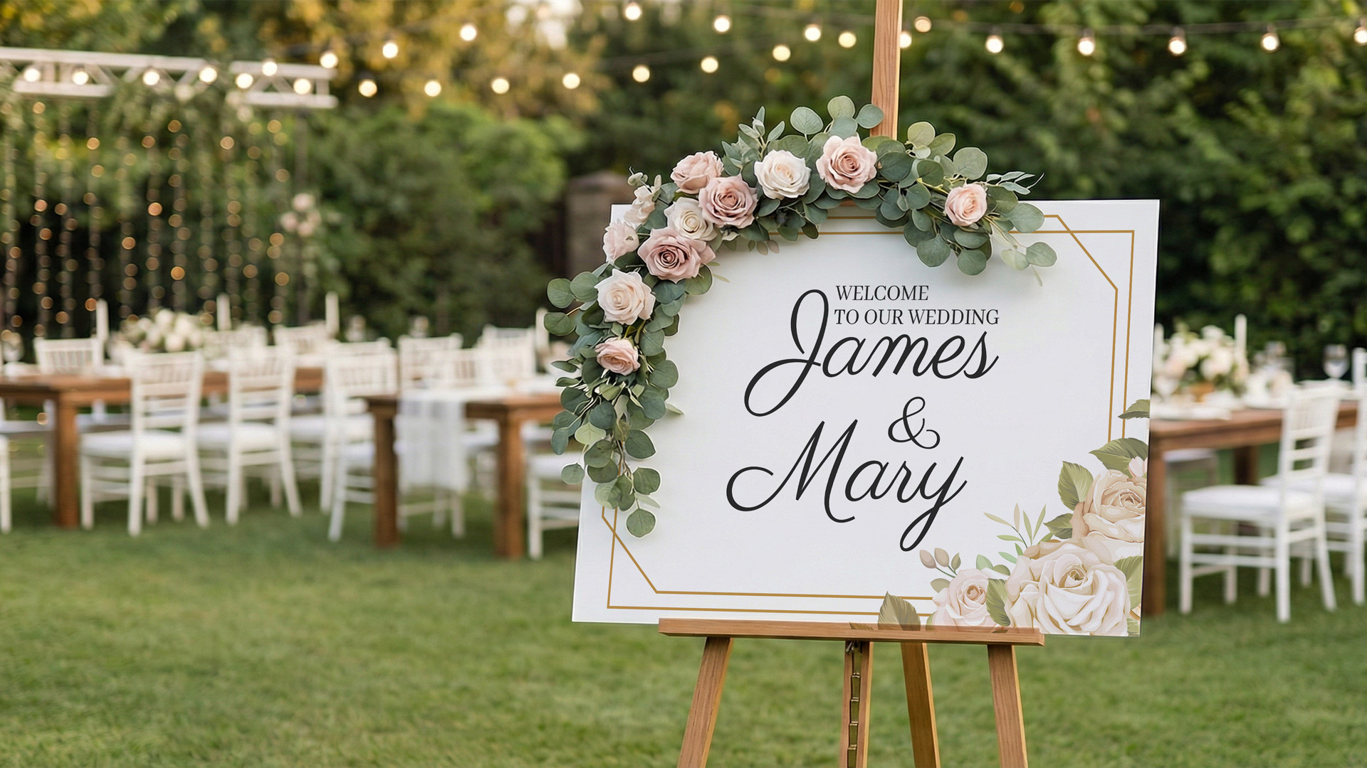 James and Mary wedding signage reading Welcome to Our Wedding.