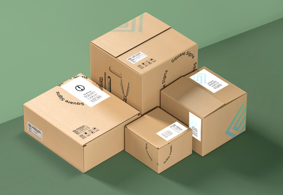 Custom signs packed in boxes and shipped within USA and Canada