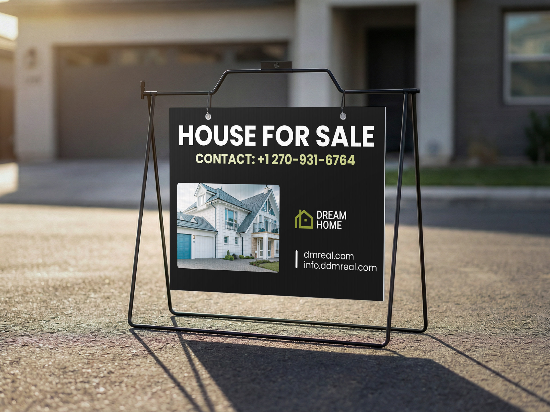 House for sale black A-frame sign