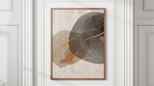 An abstract canvas print with overlapping circular shapes in gray and gold tones.
