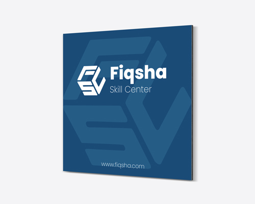 A blue gatorboard sign mounted on a wall displaying a company information