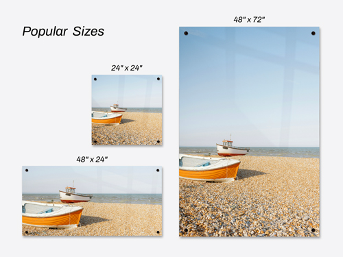 Acrylic photo prints displayed in three popular sizes.