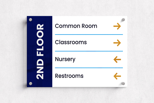 Wayfinding acrylic sign with directional arrows to different locations on the 2nd floor