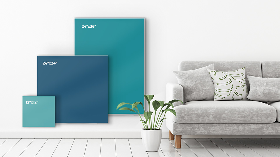 Adhesive backed foam board sizes image in a living room.