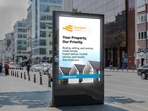 Backlit decal advertisement for PropertyPlace real estate services featuring house icons and tagline.