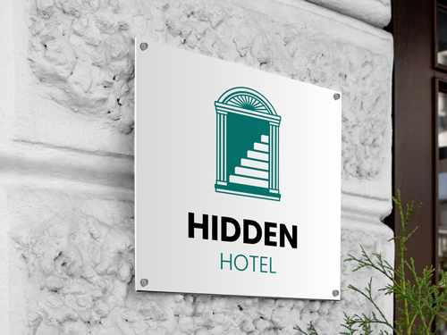 Hidden Hotel metal signage for hospitality sector showcasing the logo and brand name.