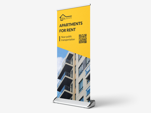Apartments for Rent real estate retractable banner with a QR code and an image of a building.