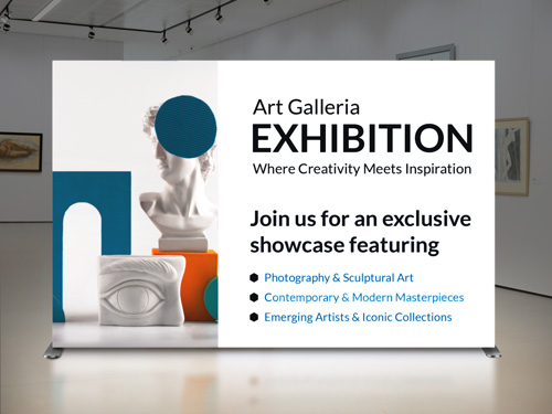 Art Galleria exhibition backlit SEG fabric display featuring a white sculpture bust and abstract geometric shapes.