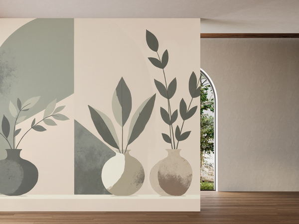 Artistic wall decals of potted plants adhered to a wall inside a home.