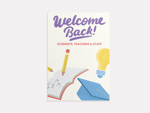 Cheerful back to school sign with welcome back text and colorful graphics design.