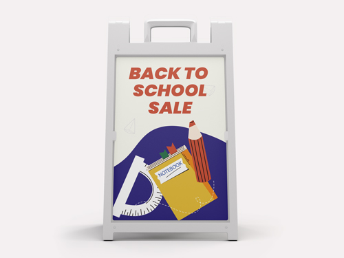 Back to school sale sign featuring notebook and ruler on purple background.