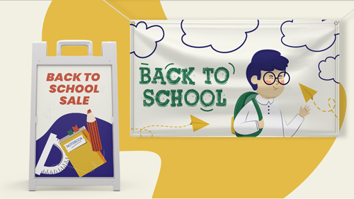 Back to school sale sign with cartoon boy wearing glasses and school items.