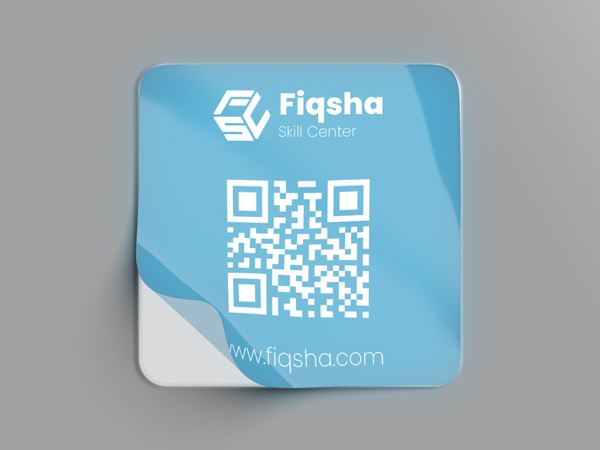 Blue square backlit decal with a logo, QR code, and website URL.