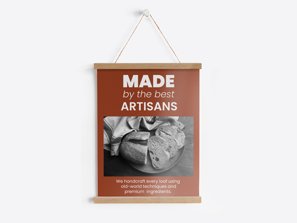 Bakery artisan bread poster in magnetic wood frame hanger on white wall