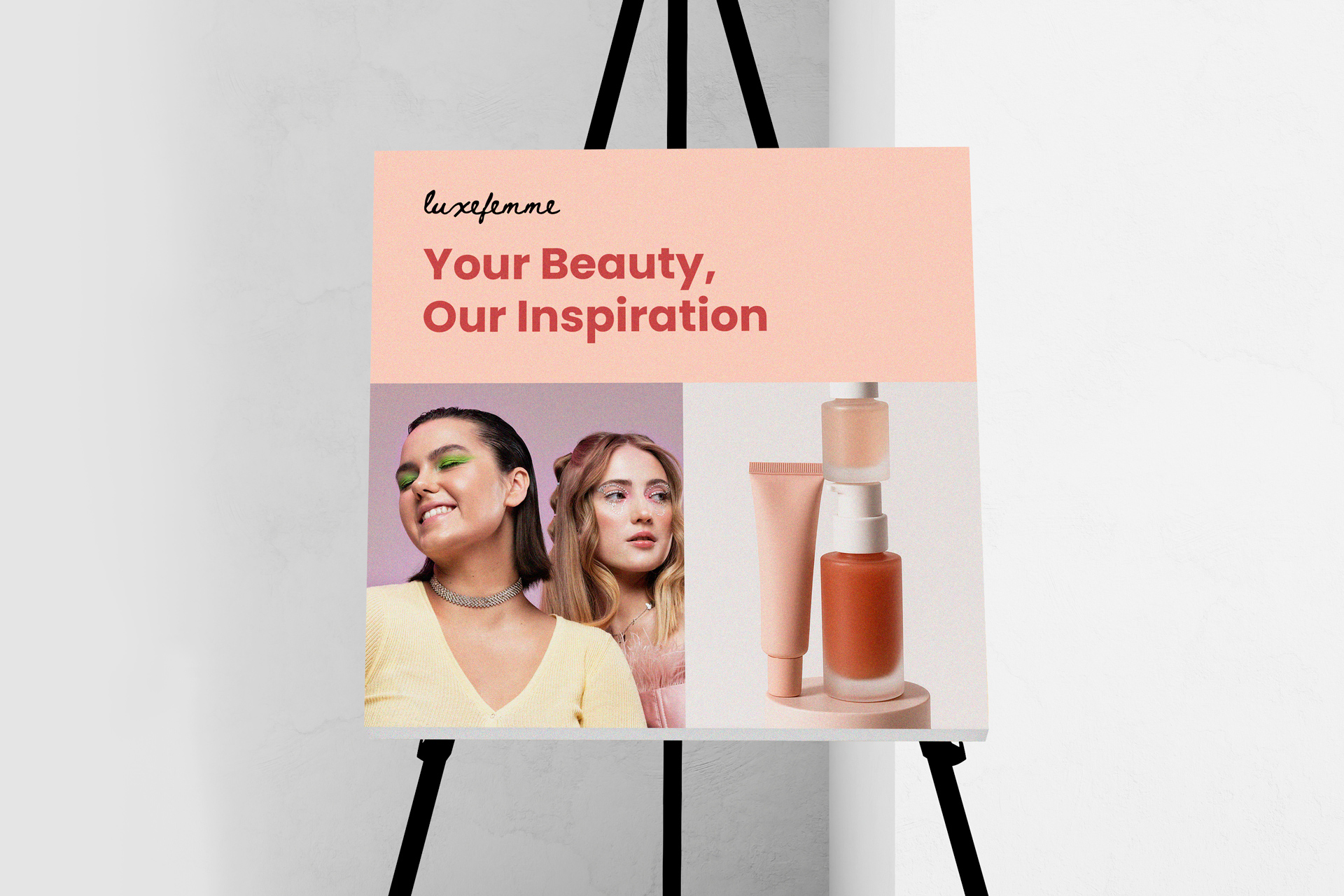 A foam board sign placed on an easel showcasing beauty products