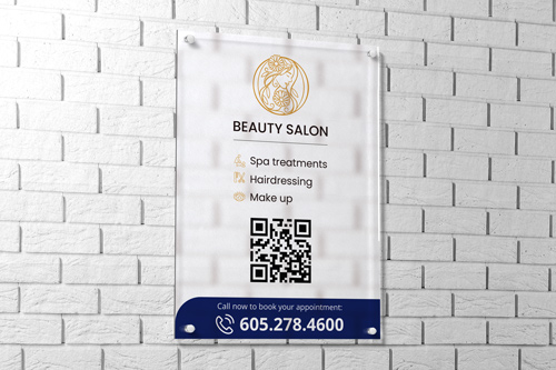 Advertising acrylic sign with standoffs for a beauty salon