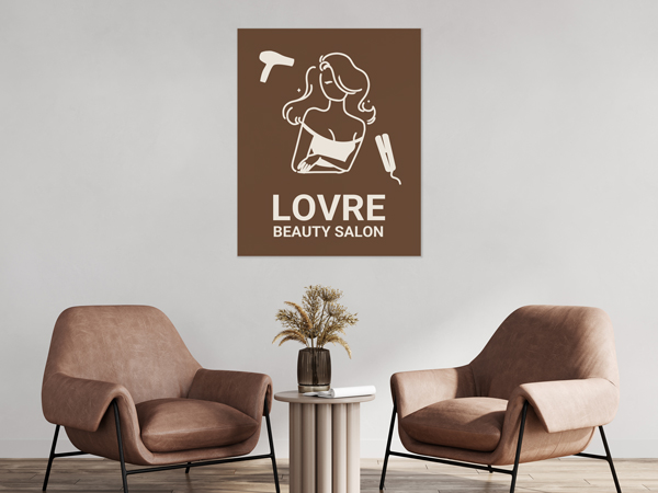 A brown and white wall decal adhered in the waiting room of a beauty salon.