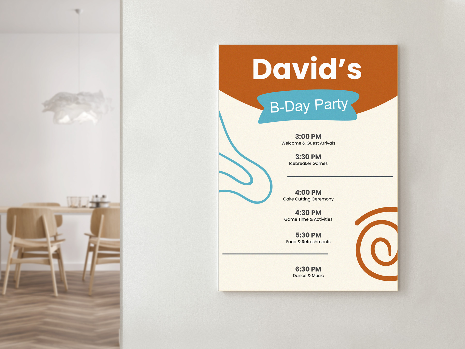 Birthday party schedule poster in white and orange