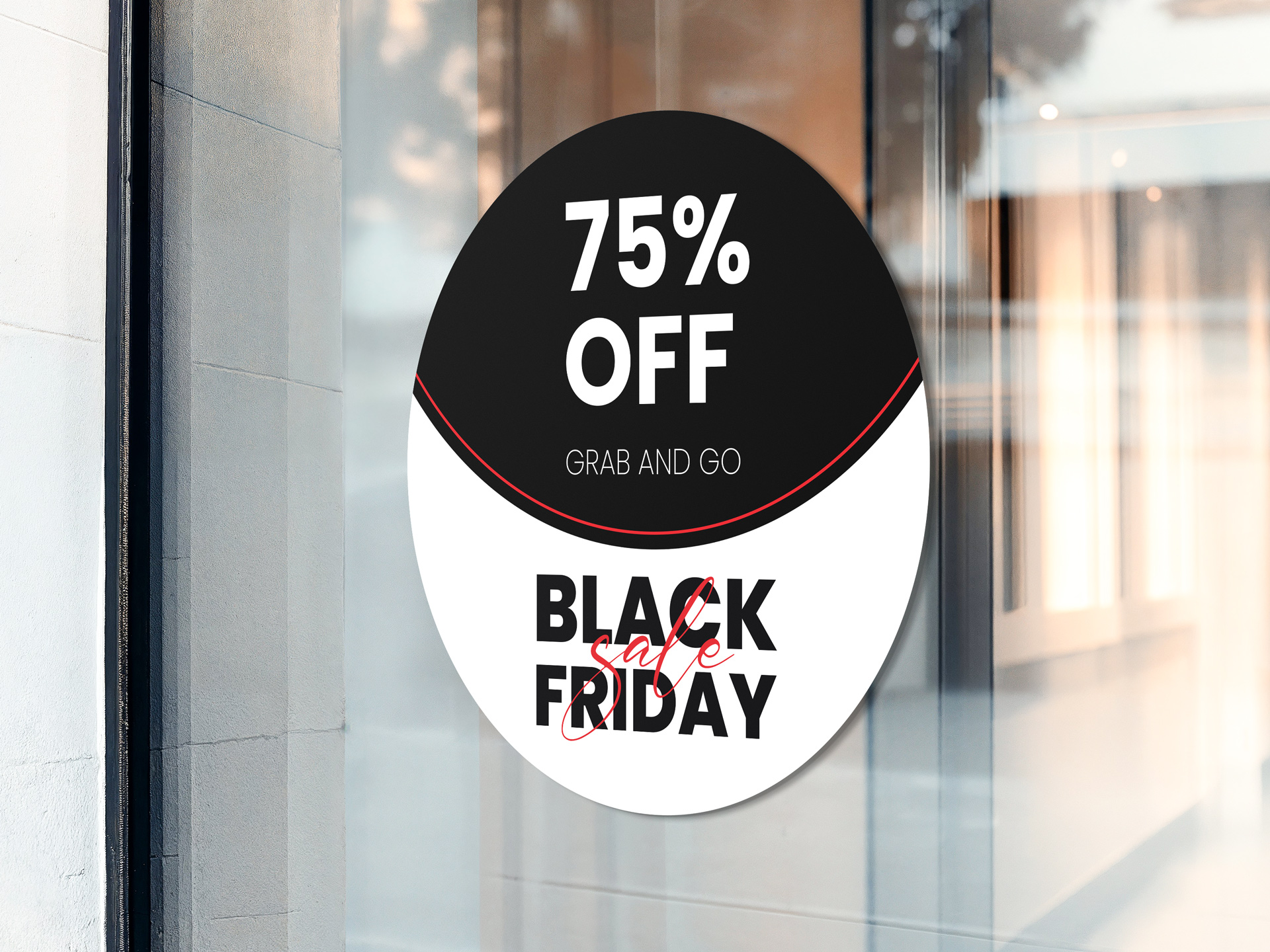 Black Friday Sale opaque window decal reading 75% off